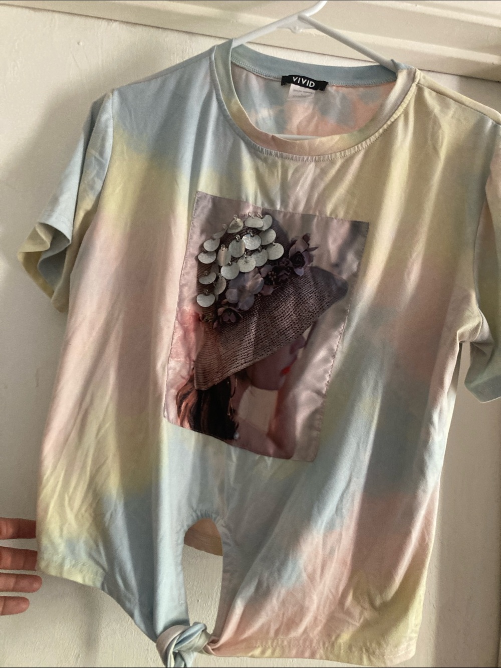 ViVI Pastel Tie-Front Tee with Photo Print - Pastel Blue, Pink, Yellow